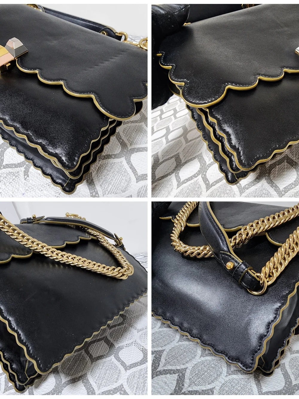 FENDI Vitello Liberty Scalloped Studded Kan I Shoulder Bag Black